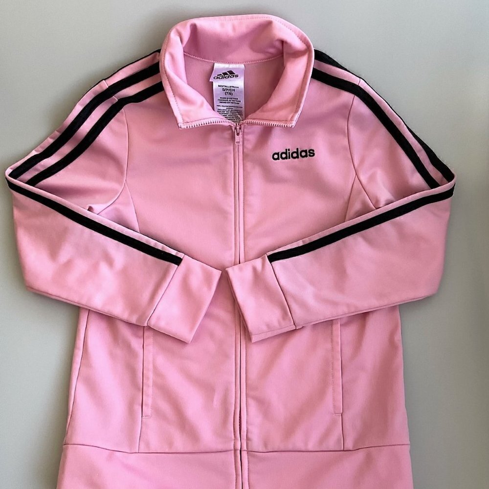 NEW Adidas Girls Firebird Track Jacket Pink Black 3-Stripe Size S 7-8 Girls